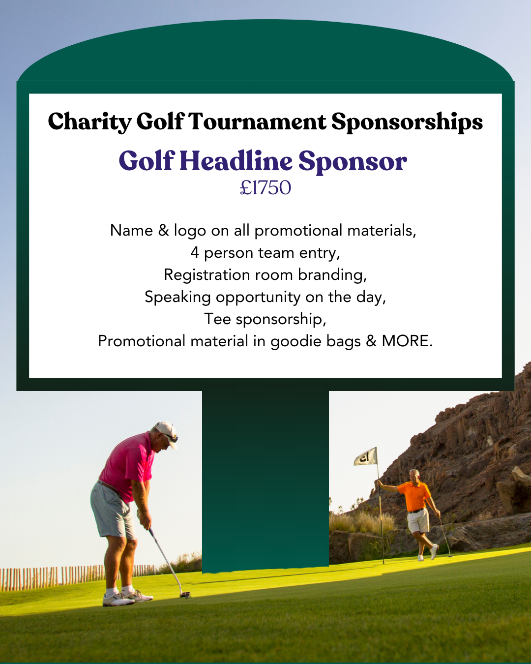 Name & logo on all promotional materials, 4 person team entry, Registration room branding, Speaking opportunity on the day, Tee sponsorship, Promotional material in goodie bags & MORE. £1750