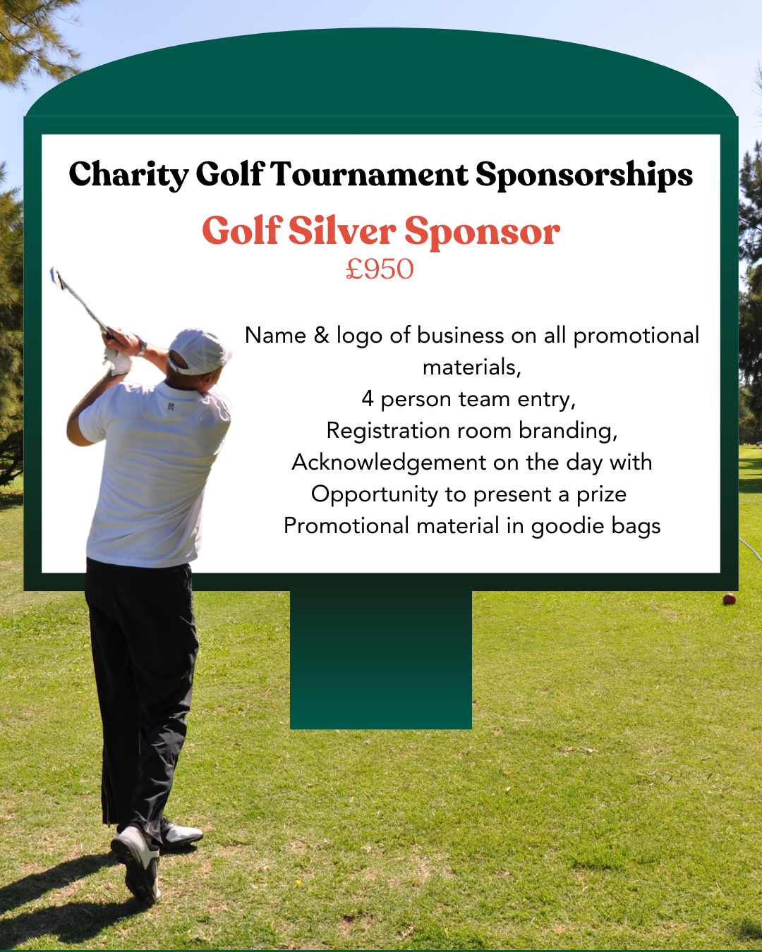 Name & logo of business on all promotional materials, 4 person team entry, Registration room branding, Acknowledgement on the day with Opportunity to present a prize Promotional material in goodie bags. £950