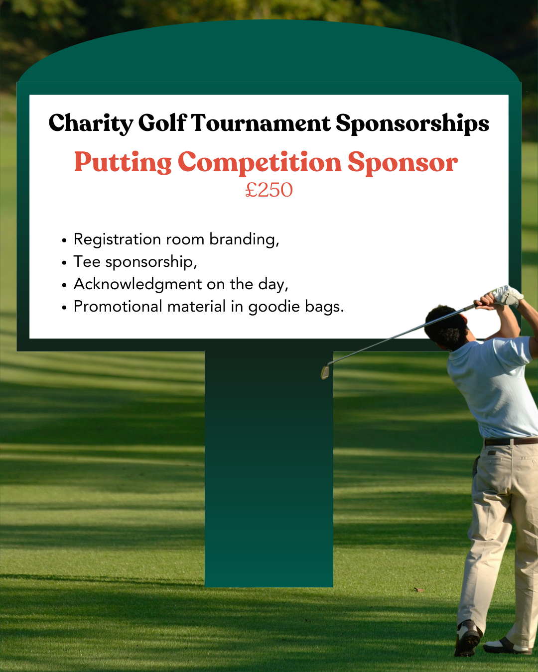 Registration room branding, Tee sponsorship, Acknowledgment on the day, Promotional material in goodie bags. £250