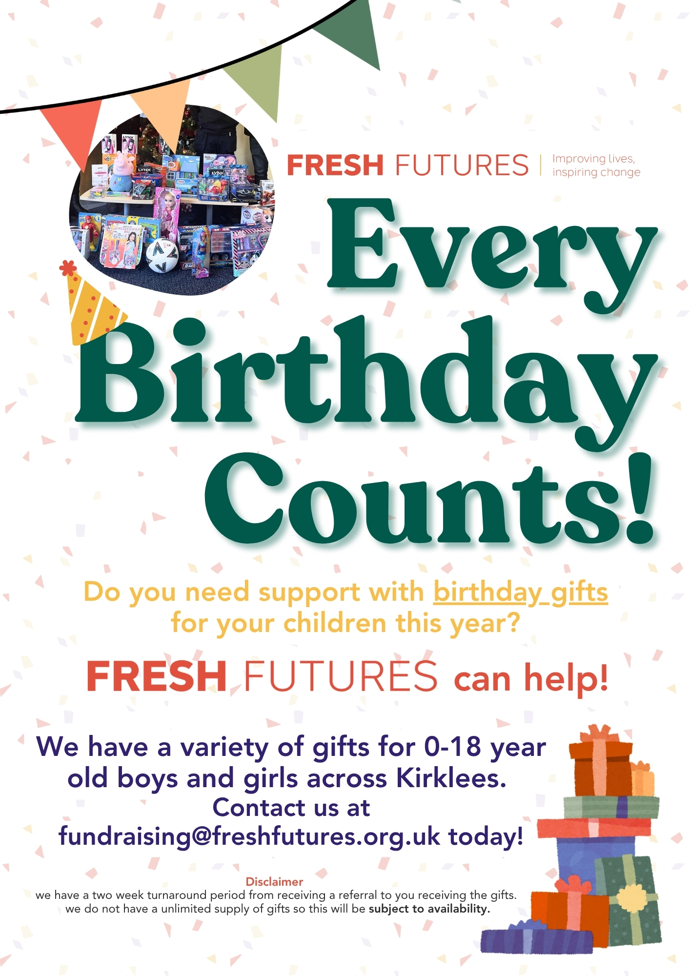 The image shows a promotional poster for the Every Birthday Counts Campaign, the poster identifies that if you need help with a birthday gift for your child, Fresh Futures can help. The poster is very colourful and includes cartoon graphics of presents and bunting.