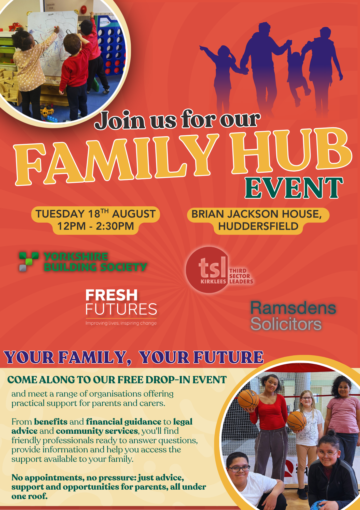 Family Hub event poster - Tuesday 18th August, 12pm - 2.30pm.